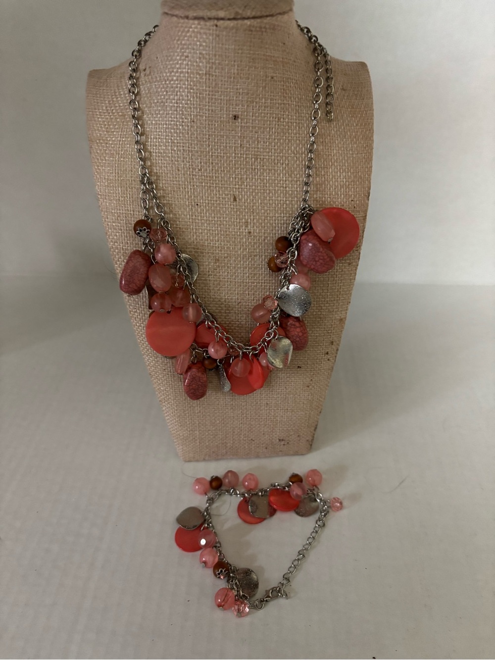 Coral Multi-Charm Statement Necklace & Bracelet Set